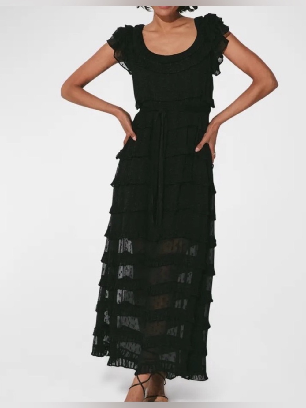 Cleobella Milano Black polka dot Tiered Ruffle Maxi Dress sheer NO SLIP! Size XS